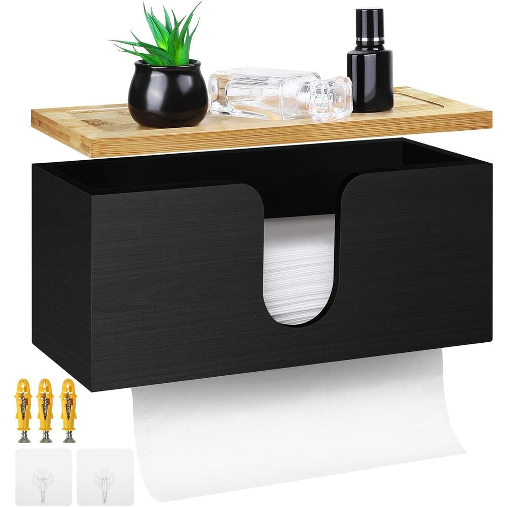 Wall Mount Paper Towel Holder Wood Dispenser Kitchen Napkin Storage Bamboo Top